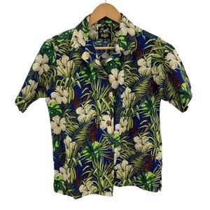 Hawaiian aloha shirt men’s small Benny’s green blue hibiscus Made in USA